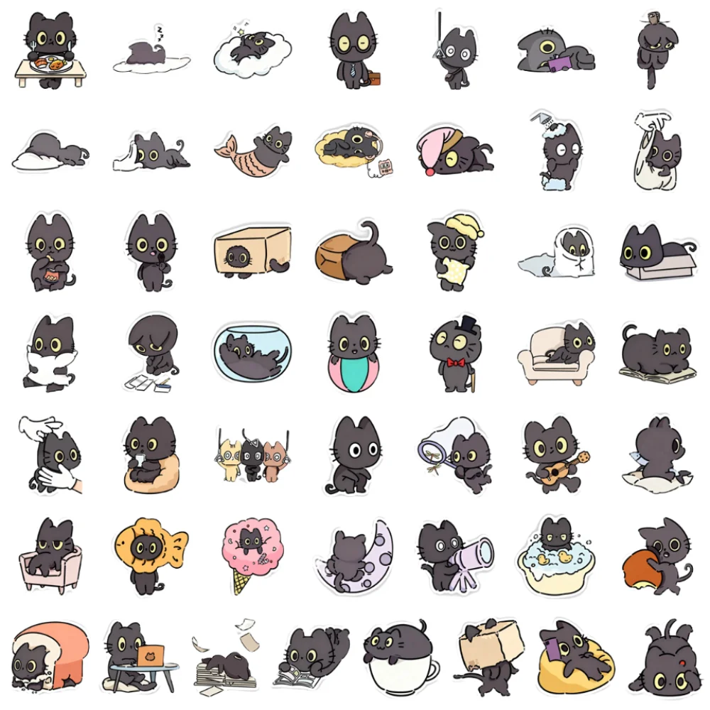 50Pcs Waterproof Kawaii Black Cat Sticker Self-adhesive Cartoon Cute Kitten Sticker Animal Creative Graffiti Decal