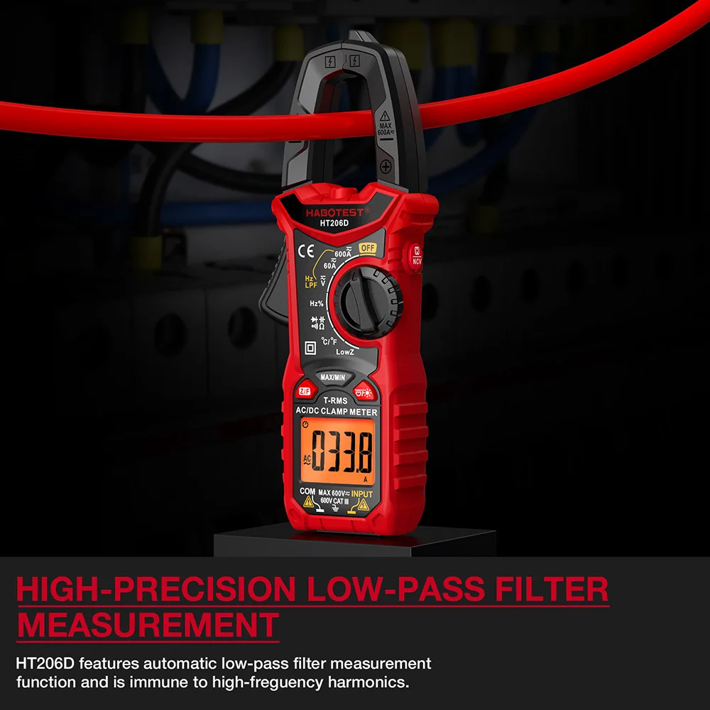 HT206D 600A AC DC Digital Clamp Meter Multimeter 6000 Counts True RMS Auto-ranging Current Voltage Temp Capacitance NCV Tester