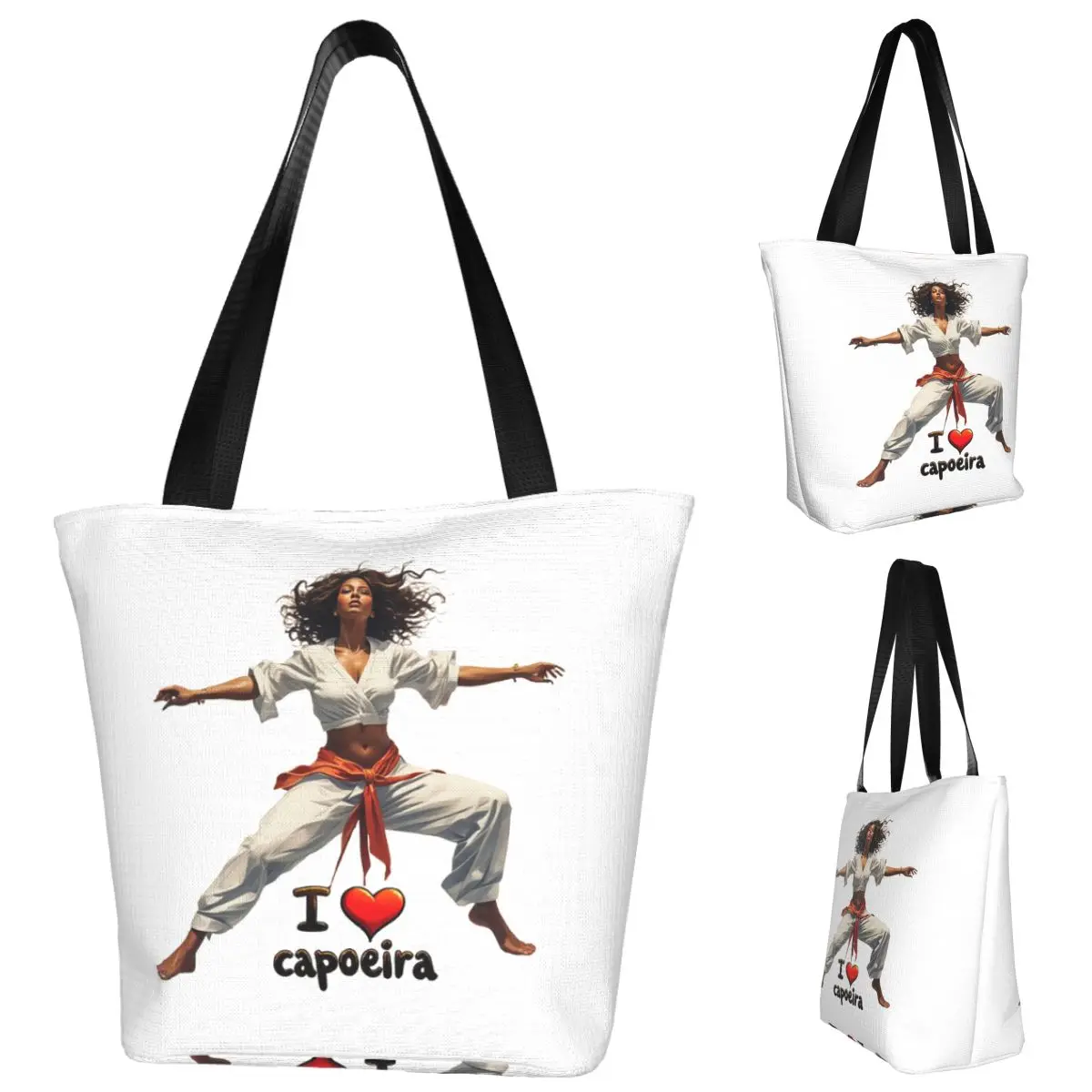 Dinâmico capoeira arte eu amo capoeira design sacola de compras lona grande capacidade sacos ombro shopper bolsa de mercearia feminina