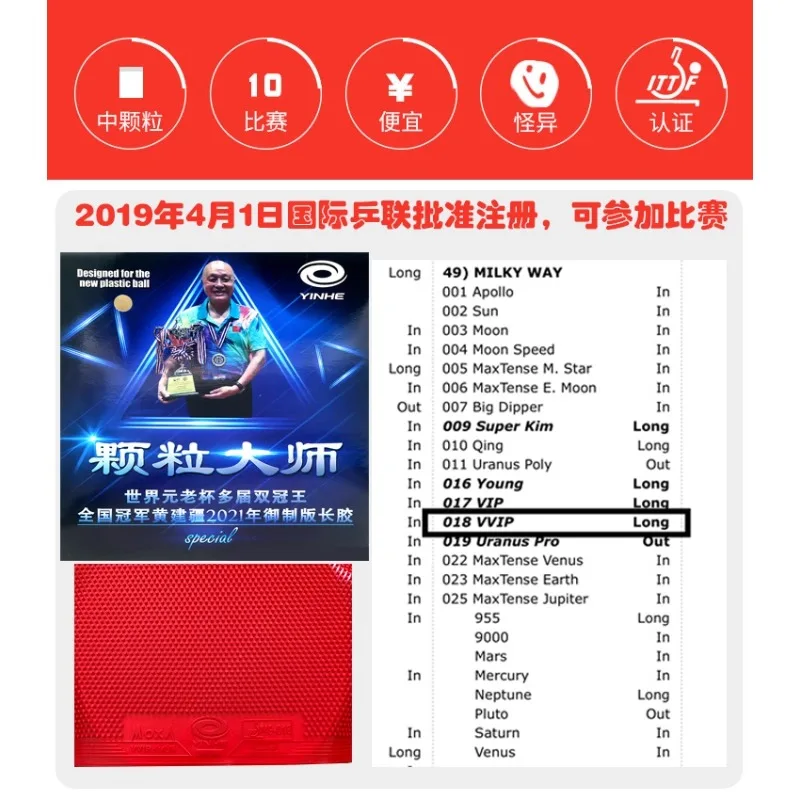 YINHE VVIP Maste Table Tennis Rubber Long Pips OX Cured/Uncured Huang Jianjiang Medium Pips VVIP Ping Pong Rubber Without Sponge