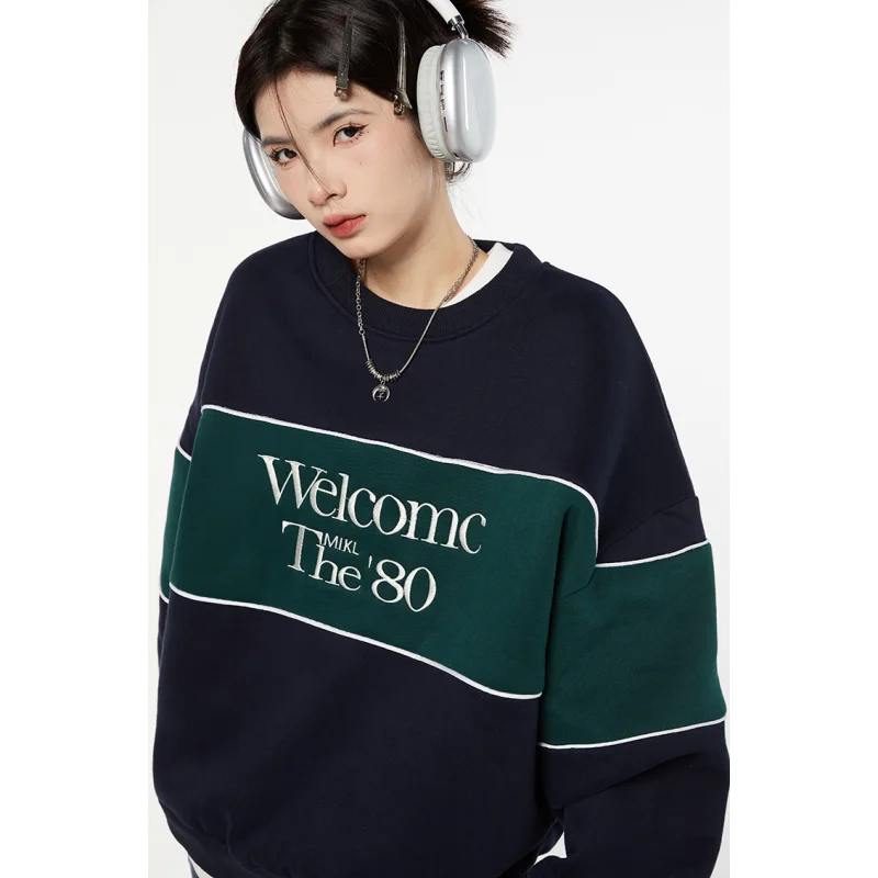 Vintage Dark Blue Plush Sweatshirt Letter Splicing Women Round Neck American Fashion Streetwear Lazy Wind Winter Female Pullover