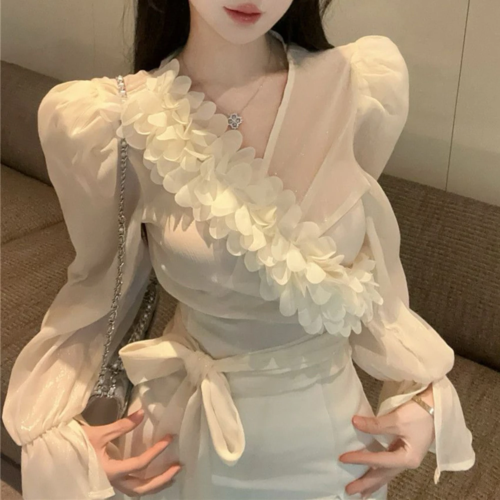 French bubble sleeve chiffon shirt women's summer pure desire French v-neck small top beautiful court style shirt