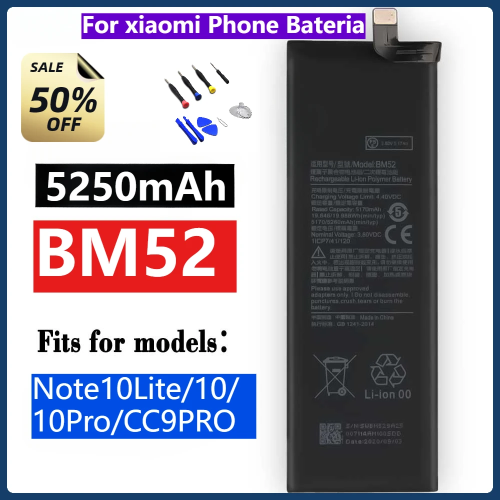 

5250mAh BM52 for Xiaomi Mi Note 10 Lite 10Lite / Mi Note 10 Pro 10Pro / CC9pro CC9 Pro Phone Bateria+Tools Kits