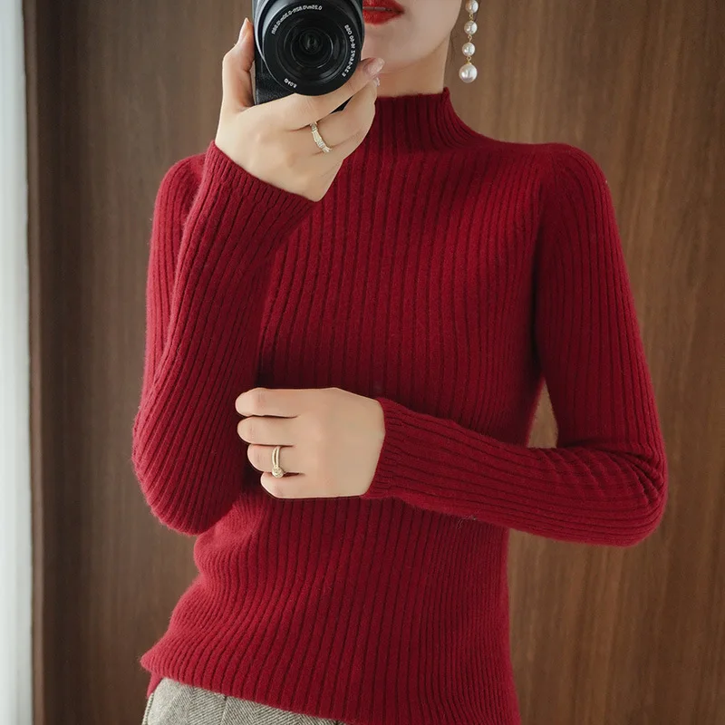 Half Turtleneck Sweater Women Autumn Winter Elegant Solid Color Stretch Slimming Pullovers Thicken Warm Soft Comfortable Jumpers