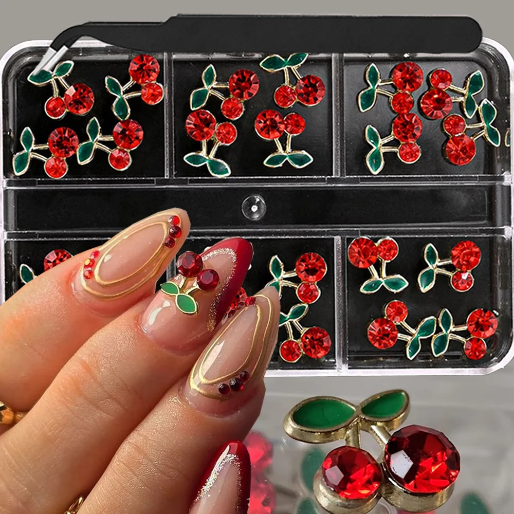 6 Grids 24Pcs Red Cherry Nail Charms, Gold Ruby Zircon Nail Rhinestones With Tweezers, Realistic Fruit Alloy Nail Decors For DIY