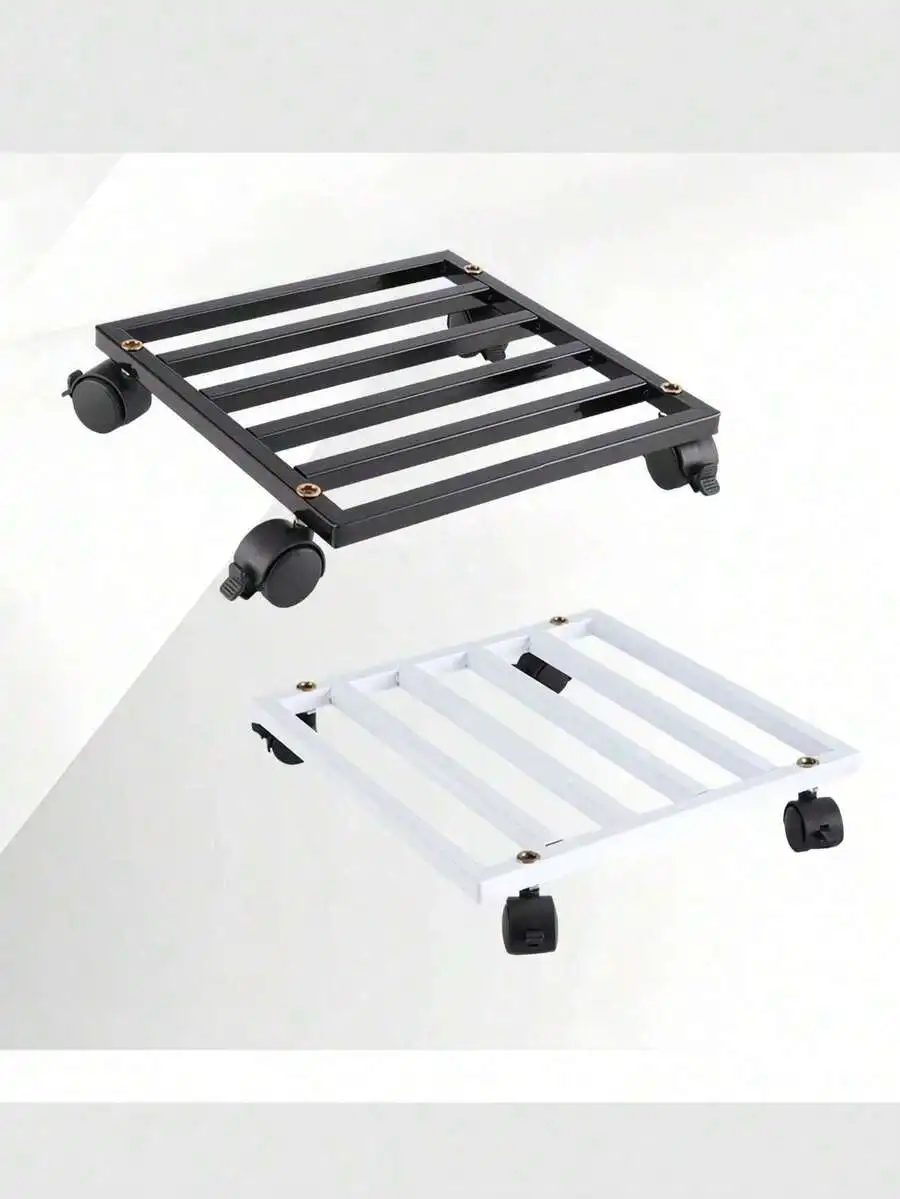 Square Metal Plant Caddy With Wheels, Heavy Duty Rolling Flower Pot Stand With Lockable Casters, Rust-Proof Striped Frame, Suita