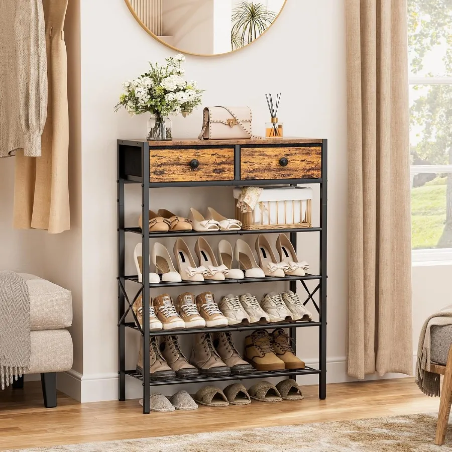 현관용 5단 신발장, 부직포 서랍 2개 포함, 16-20켤레 신발 수납 가능, 나무 상판 및 철제 프레임