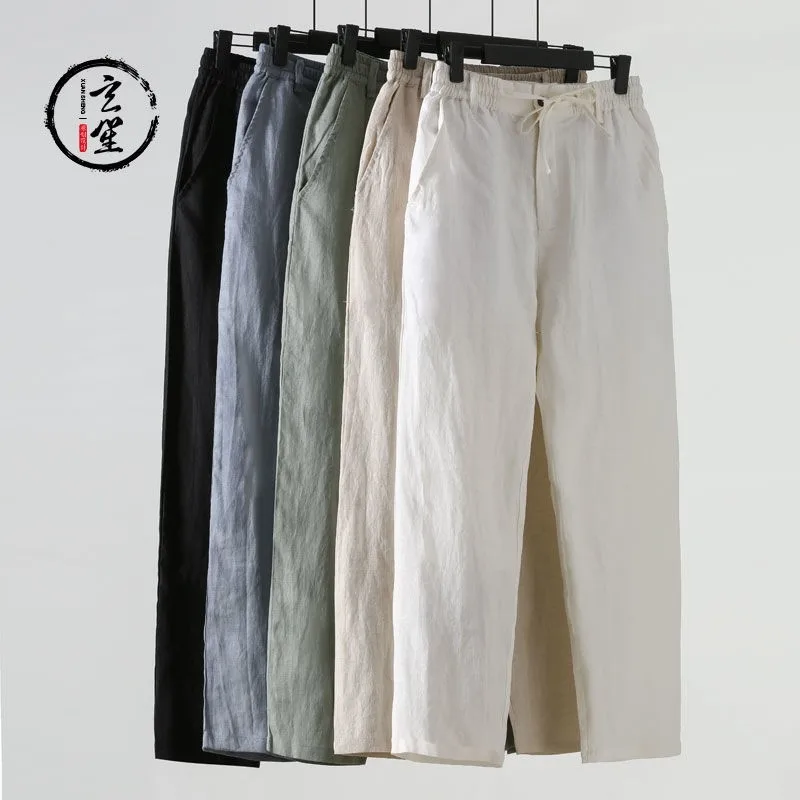 

Summer Men's Linen Pants Thin Loose Large Size Cotton Linen Nine Points Casual Pants Harajuku Sle Busin Casual Youth Trend