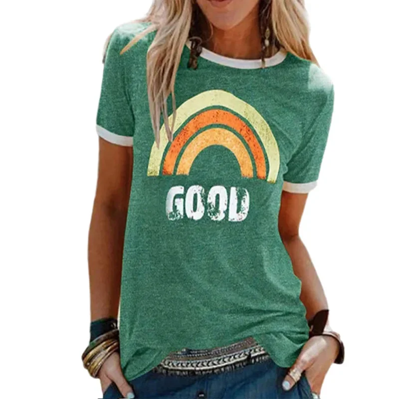 

Women Rainbow Graphic T Shirts Letter Print Casual Loose O Neck Short Sleeve T Shirt Summer Fashion Plus Size Streetwear Vintage