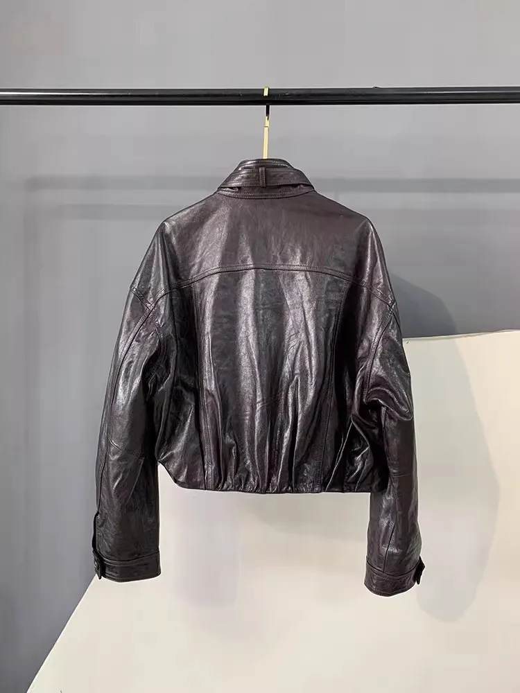 Autunno retrò vera pelle di pecora donna giacca in pelle cerata olio colletto alla coreana giacche da moto corte in vera pelle cerniere soprabito