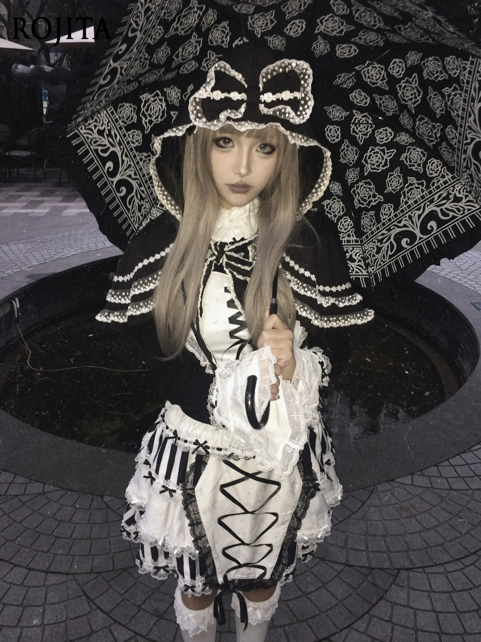 Lace Trim Original Lace-Up Cross Coffin Striped Lace Half Skirt Cute Subculture SK Puff Skirt with Elastic Waist Skirts