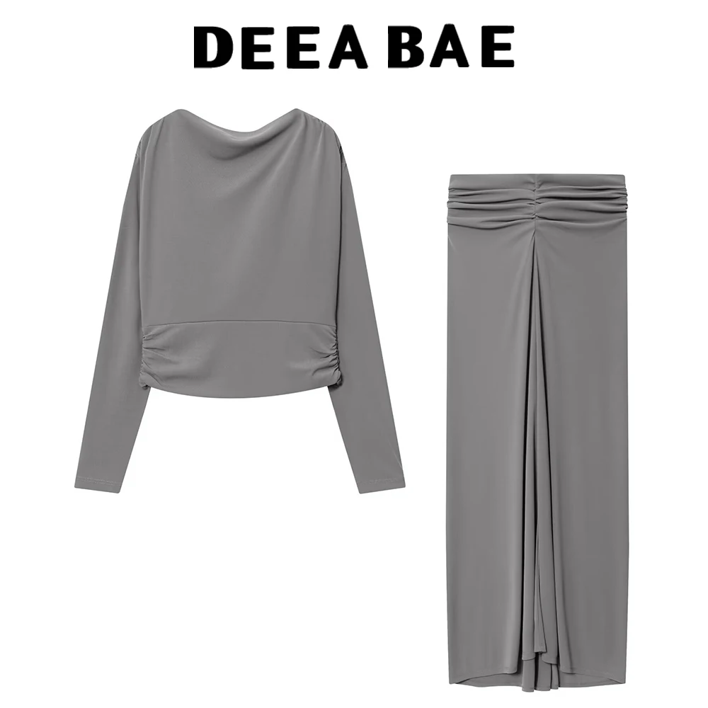 DEEABAE Autumn women's straight neck long sleeved back pleated jewelry top pleated mid waist knitted long skirt set