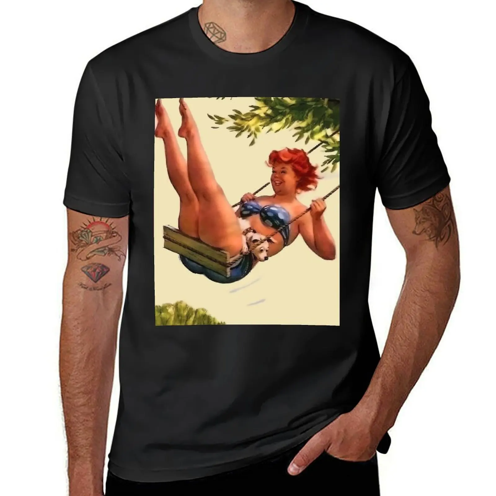 Pin up big redhead woman in swing with her little dog T-Shirt funnys tees customs design your own men clothes