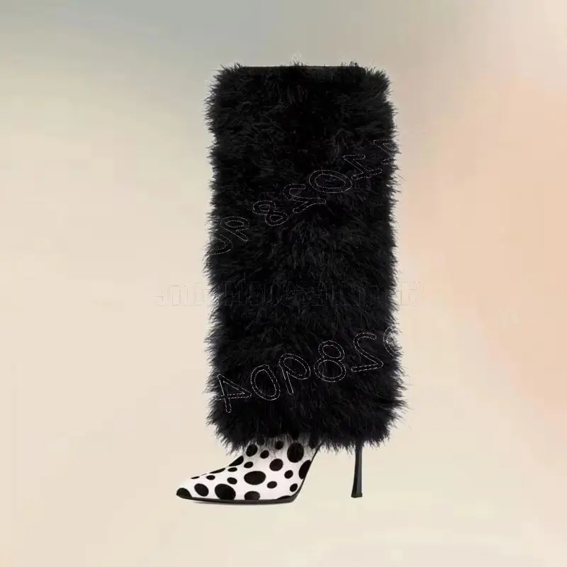 

Dairy Cow Print Black Fur Pointed Toe Boots Slip On Women Shoes Thin High Heels Fashion Party Banquet 2026 Zapatos Para Mujere