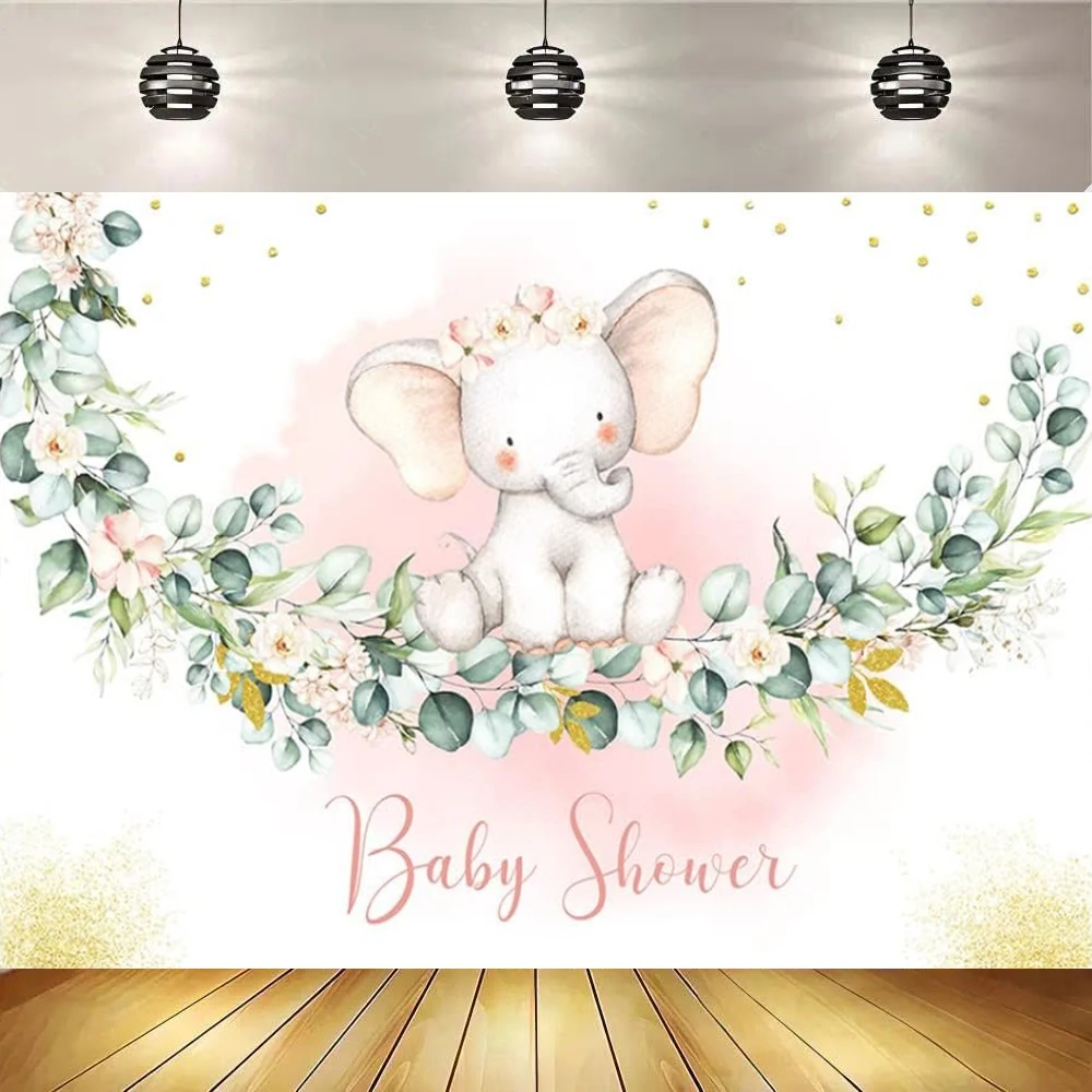 Elephant Girl Baby Shower Photography Backdrop Greenery Eucalyptus Leaves Gold Glitter Confetti Pink Floral Background Party