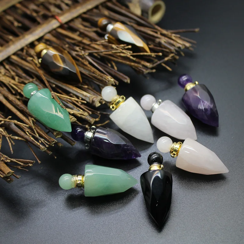 

Polly Jewelry Natural Stone Cone Obsidian Perfume Bottle Pendants For Necklace Essential Oil Diffuser Bottle Charm Reiki Jewelr