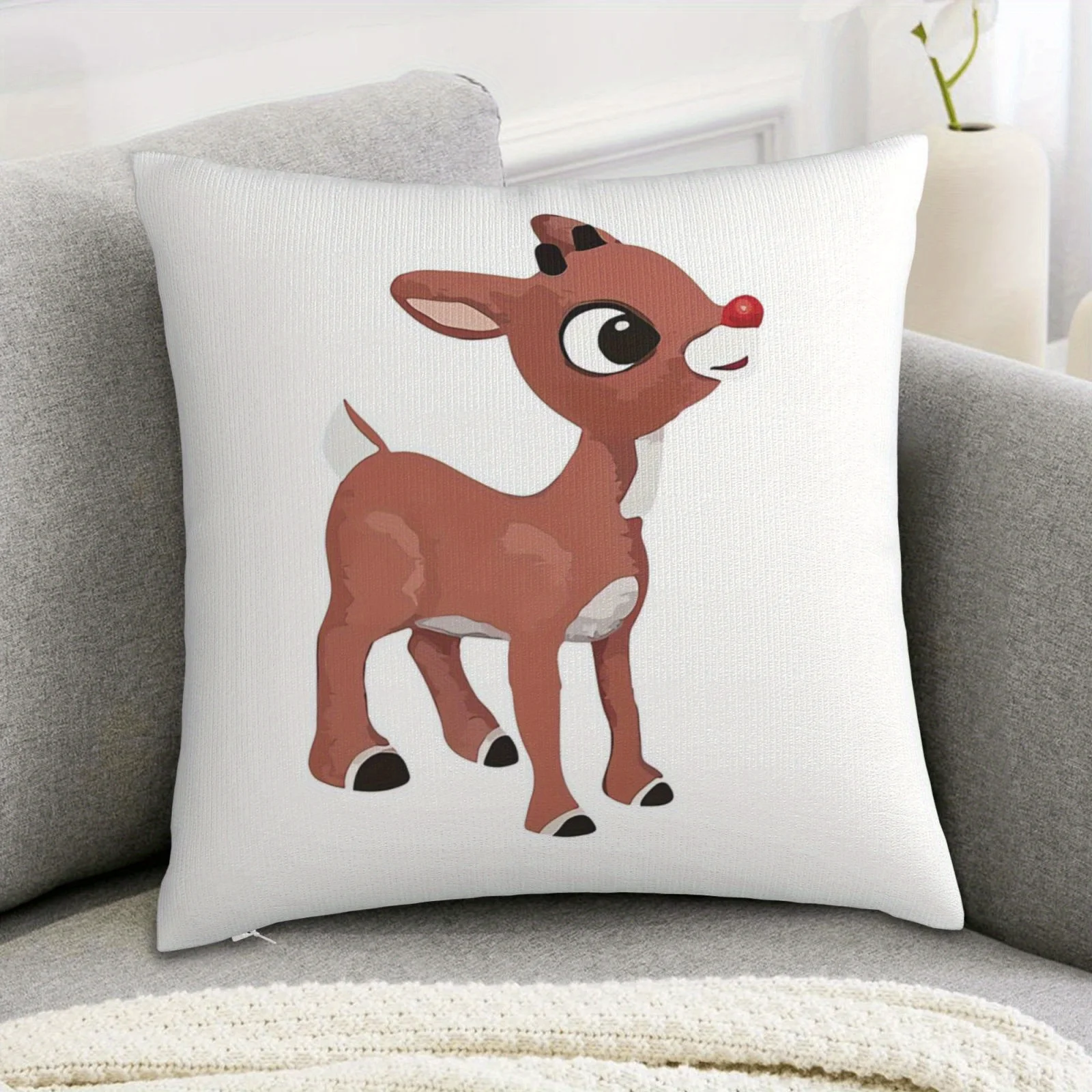 1pc 2D Flat (Pillow Not Included) Rudolph Red Nose Reindeer Christmas Cushion Cover Short Plush Festive HolidayDecor ThrowPillow