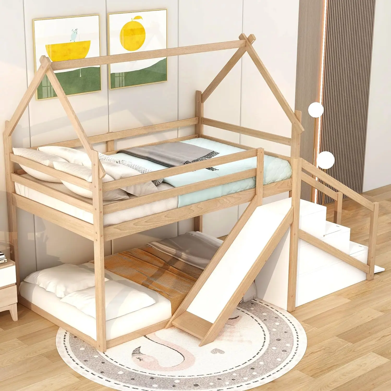 Twin Over Twin Wood House Bunk Bed With Slide And Storage Staircase, Twin Size House Loft Bed Frame With Roof And Safety