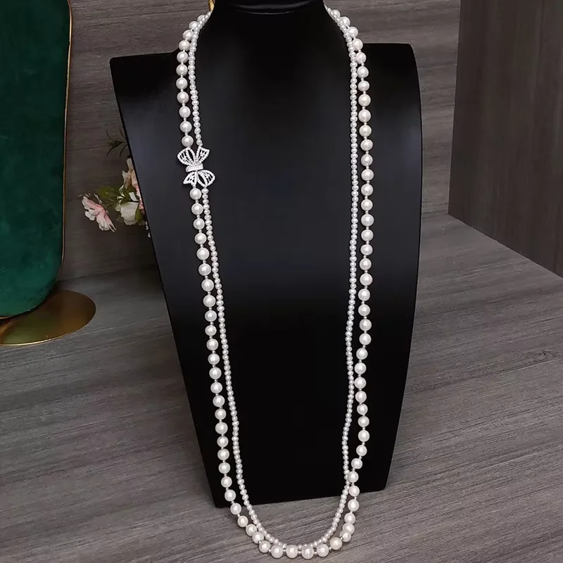 

32 дюйма, 2 ряда, длинное ожерелье с застежкой из белого жемчуга и цветка