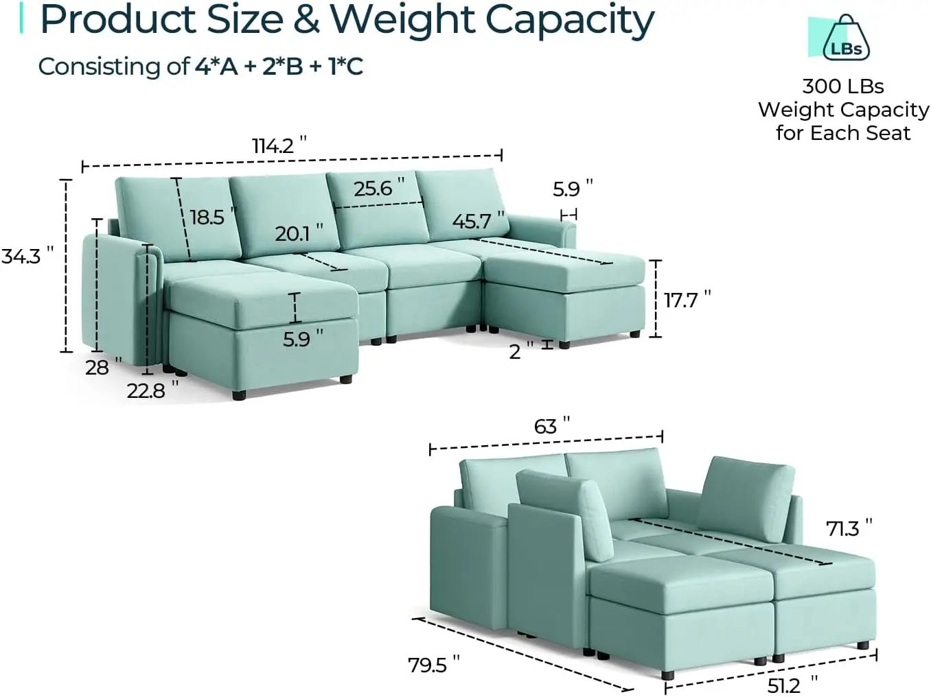 Sectional Sofa, Blue, 300lb Weight Capacity, Changeable Covers, Storage Seat, BIFMA X5.4-2020 Certificated, Memory Fo