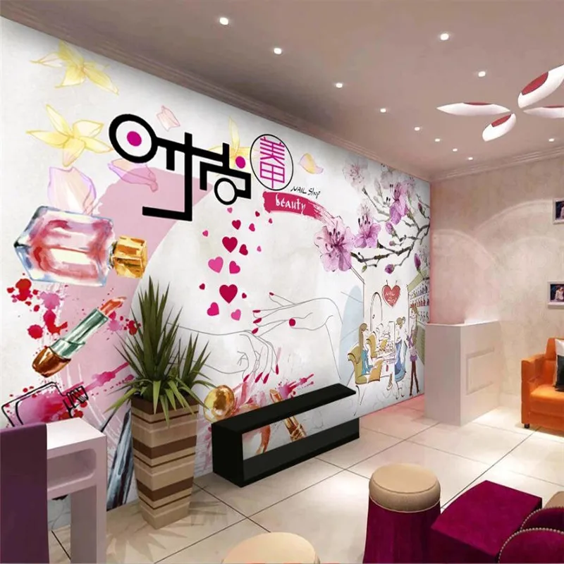 Fashion Hand Painted Beauty Nail Cosmetics Shop Industry Decor Background Mural Wallpaper 3D Modern Beauty Salon Wall Paper 3D