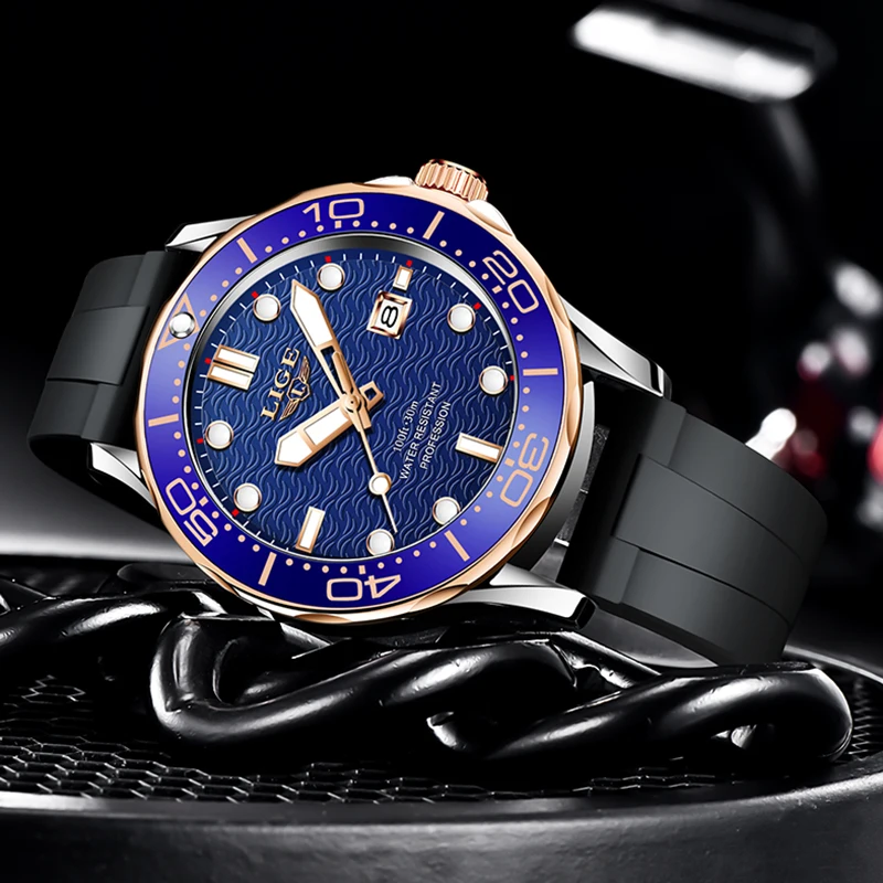 LIGE Men Watch Fashion 360° Rotating Bezel Design Quartz Wristwatches For Men Silicone Sport Waterproof Watch Men Montre Homme