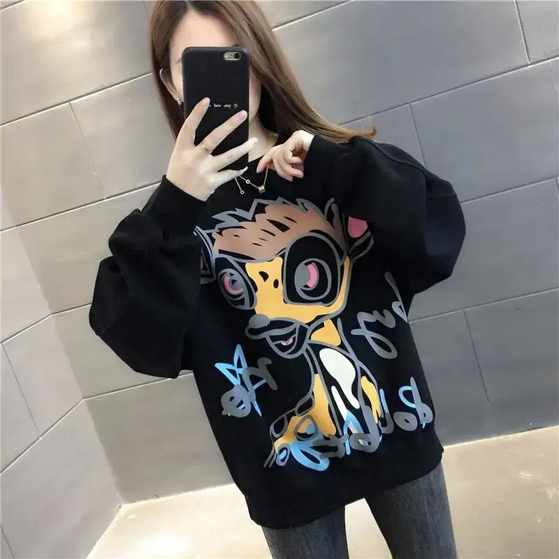 2023 New Korean Loose Pullover Printed Cartoon Hoodies All-match Spring Autumn Solid Color Round Neck Long Sleeve Casual Tops