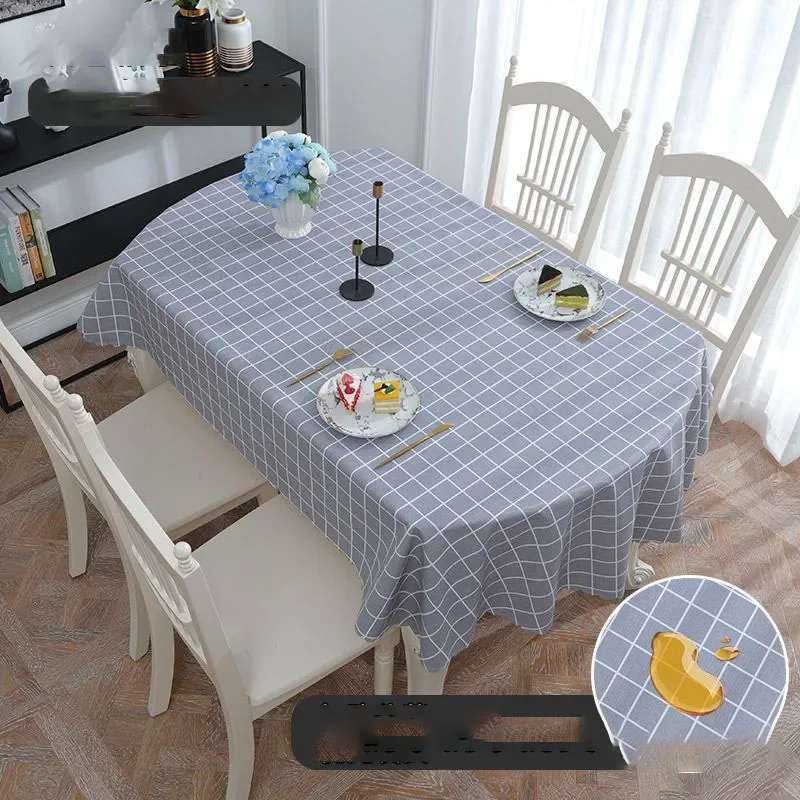 Oval PVC Tablecloth for Dining Table Plaid Table Cover Farmhouse Modern Style Waterproof Geometric Printed Oilproof Daily, 200cm