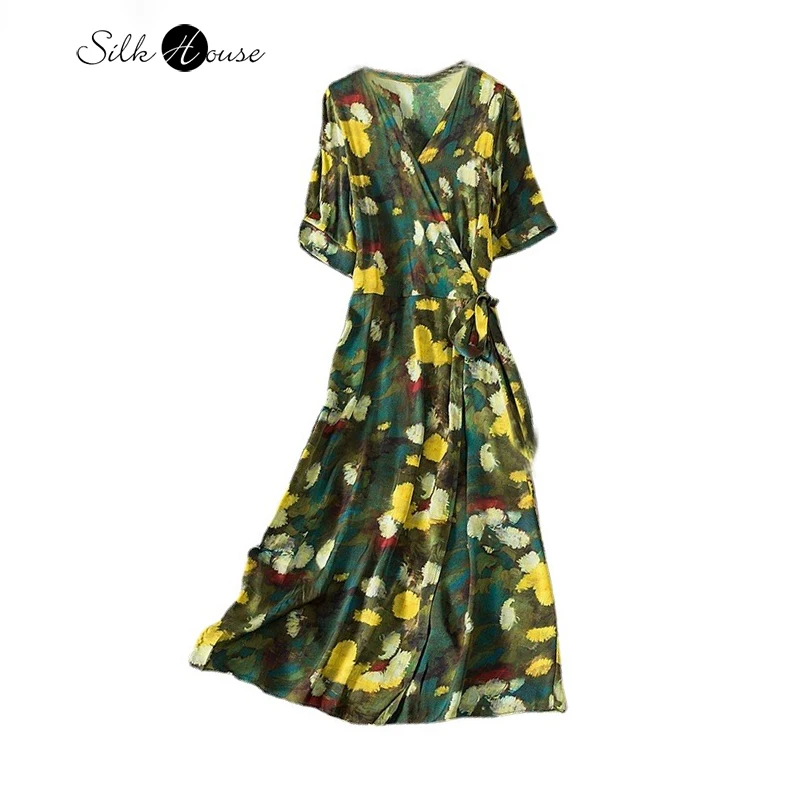 

Gentle Printed Natural Mulberry Silk Double Qiao Satin Dress with Short Sleeves Elegant and Comfortable Retro Style
