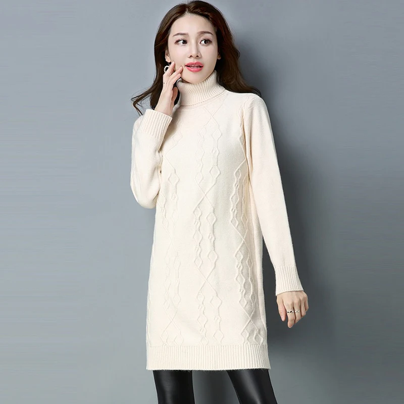 Thicken Turtleneck Mid-length Sweater Women Winter Add Velvet Slim Knit Tops Korean Ribb Pullover Warm Knitwear Bottomed Jersey