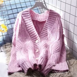 Women's Clothing Autumn Winter V-Neck Solid Color Button Long Sleeve Cardigan Sweater Knitted Coats Loose Elegant Trendy Tops