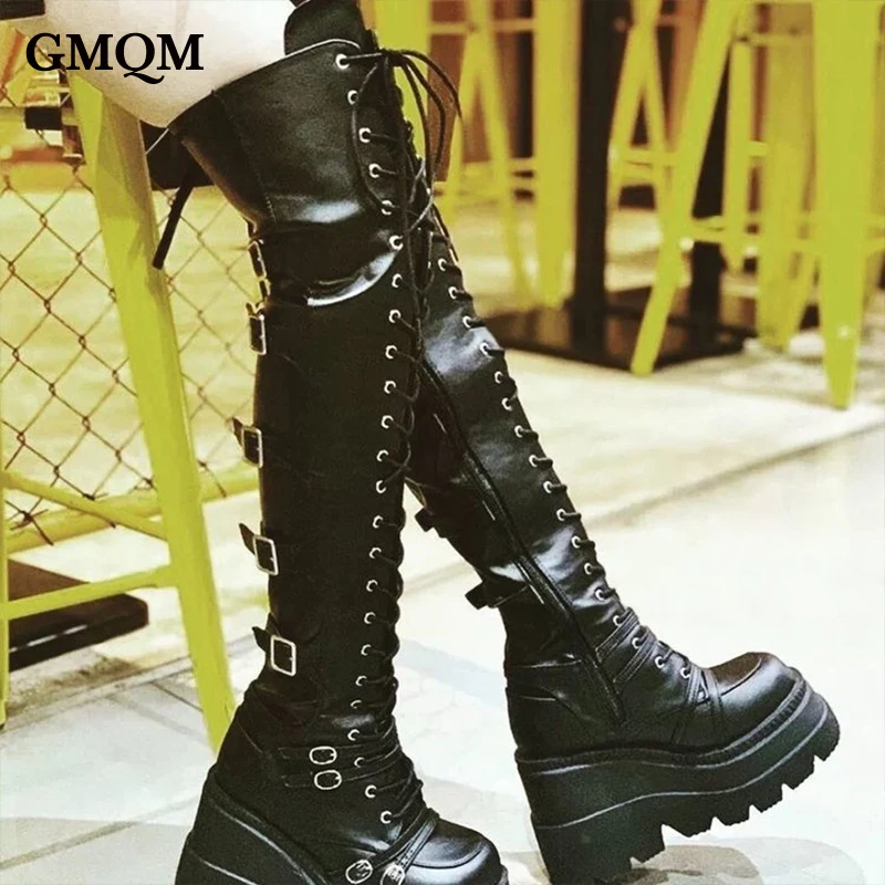 GMQM Platform Fashion Women‘s Over The Knee Boots New Platform High Heels Lace-Up Sexy Punk Style Long Boots Knee High Boots