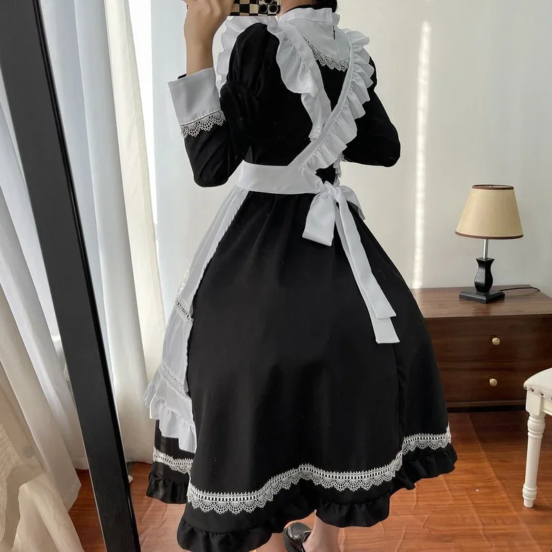 Vestido de Cosplay Anime Lolita, uniforme de empregada escolar, roupa de manga comprida, saia Dieval preto e branco, plus size, gótico, avental