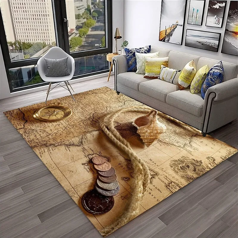 Vintage Nautical Compass Map Area Rug Soft Non-Slip Adventure Pirate Theme Home Decor Mat for Living Room Bedroom Office