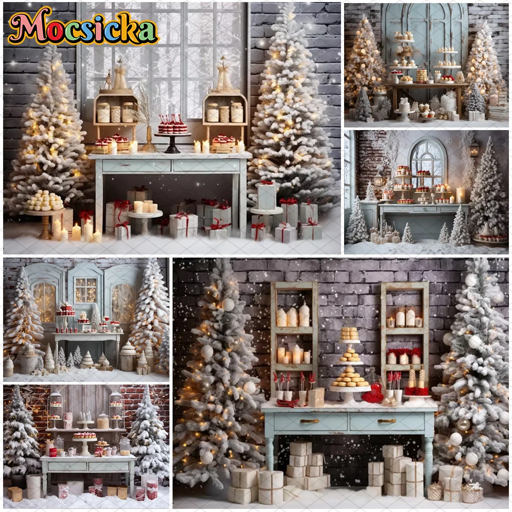 

Mocsicka Christmas Photography Backdrop Xmas Tree Brick Wall Window Snow Decoration Family Child Photo Background Shooting Props