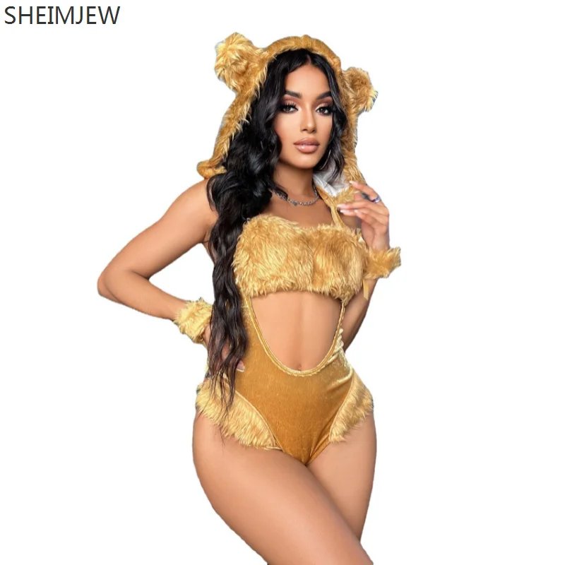 Sexy Kitten Seduction Uniform Set Cosplay Lingerie Lion Bodysuit With Lion Head Hat And Big Tail Wristband Hollowed Out Costume