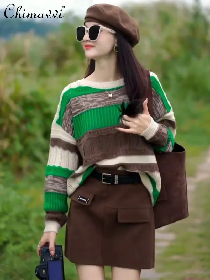 

2024 Autumn and Winter Contrasting Color Splicing Striped Hollow Knitting Loose and Thin Casual Pullover Sweater For Women