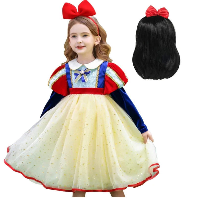 Snow White Costume For Kids Carnival Party Cosplay Outfits Girl Princess Role Playing Frocks Long Sleeve Mesh Prom Dress