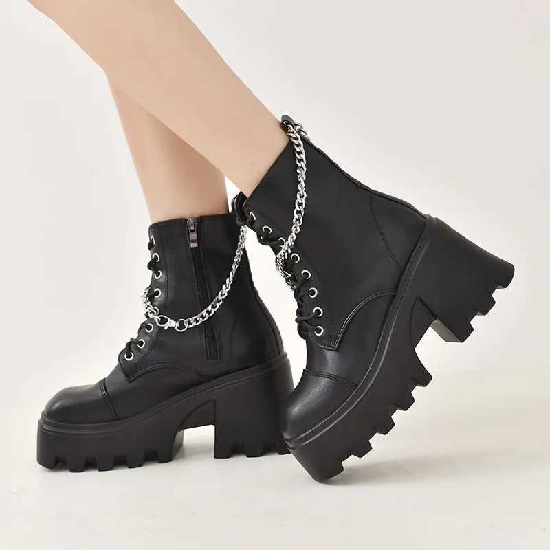 Women Autumn  Booties High Heel Large Size Square Head   Leather Women Ankle Boots Platform British Style  Boots Spring Women