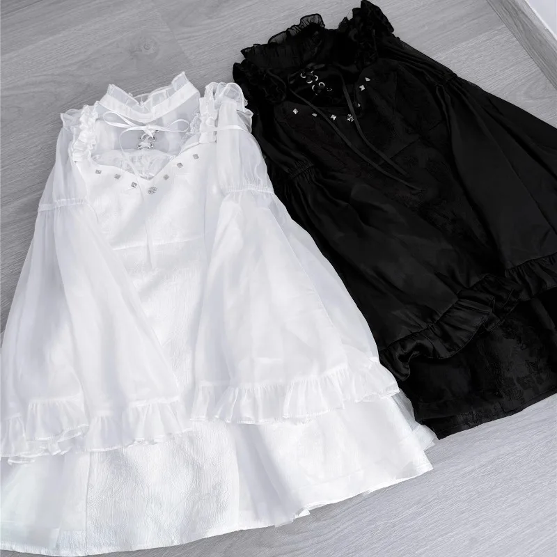Autumn Japanese Lolita Style Short-sleeved Inner Wear Shirt Long Flared Sleeves Black And White Suspender Dress Women's Clothes
