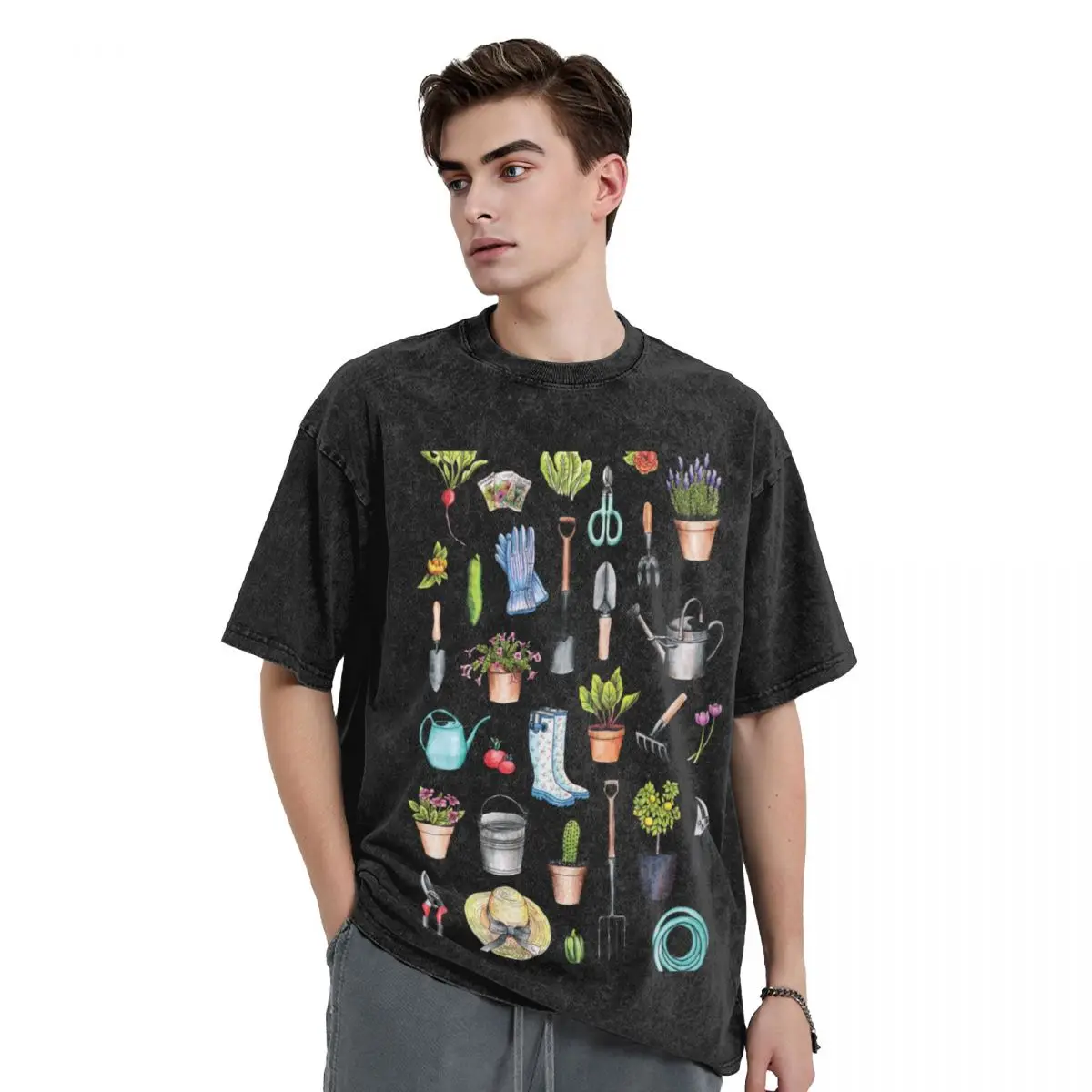 

Футболка мужская с графическим рисунком сада, винтажная тенниска с рисунком сада, инструменты и принадлежности, весна