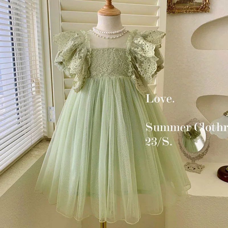 2023 Summer Girls' Pearl Lace Fairy Dress abbigliamento per bambini girocollo in pizzo con maniche a bolle senza maniche Fluffy Mesh Princess Dresses