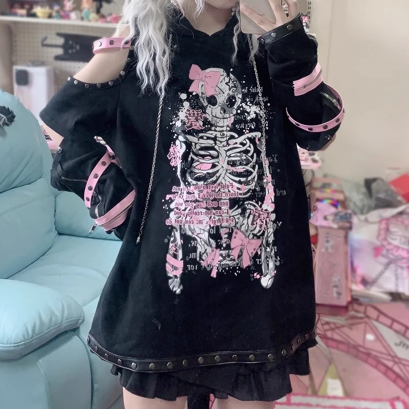 Subculture Skull Printed Rivet Hoodies Gothic Y2k Sweet Off-Shoulder Long-sleeved Sweatshirt Oversize Loose Cosplay Pullover