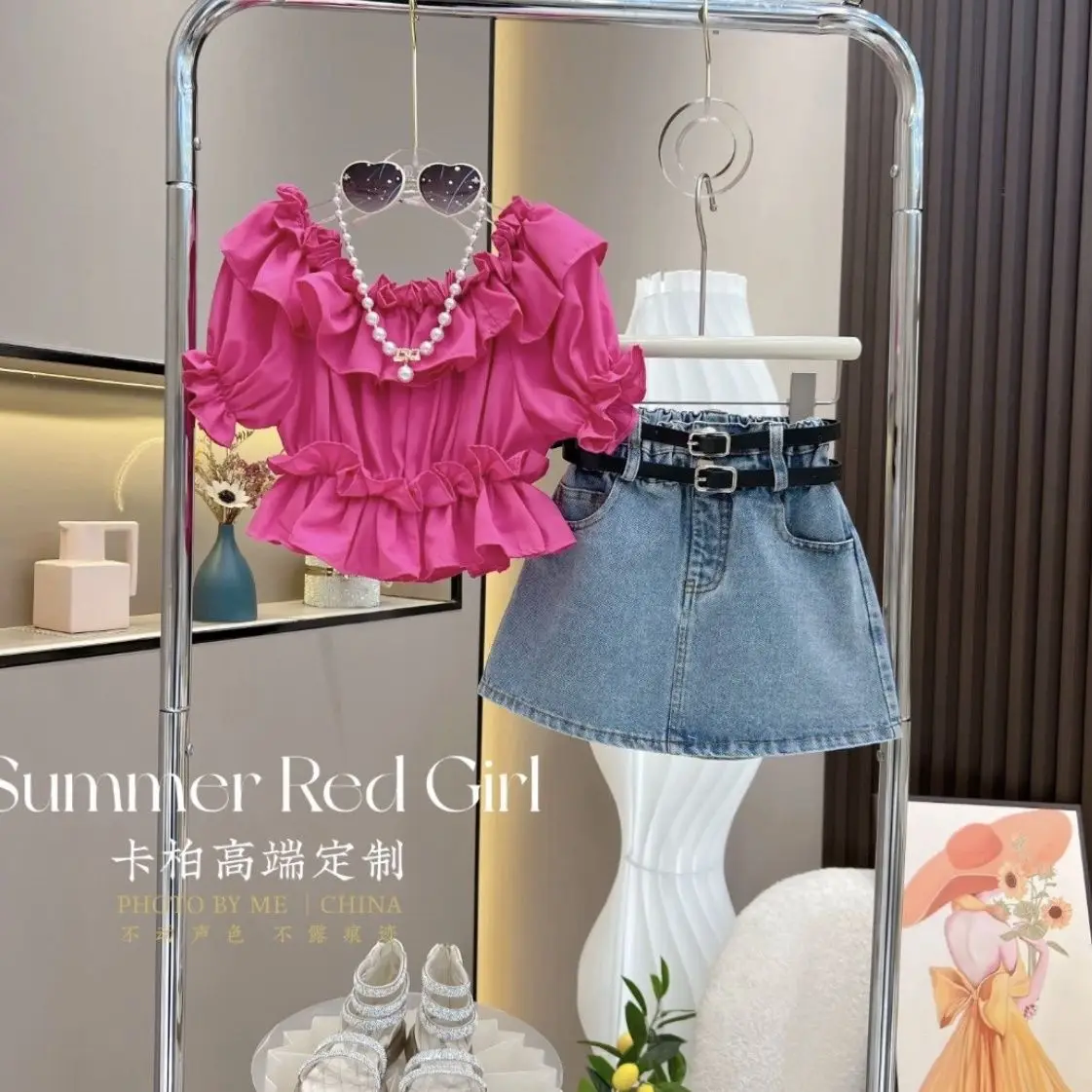 Retail  New Baby Girls  Summer Fashion Teenage Sets,  Ruffles  T-shirt + Jean Skirts    3-10 T