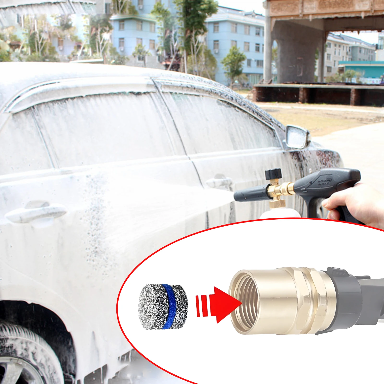 Ujung Nosel Universal Foam Cannon dan Pengganti Filter Jaring Pembuat Busa, Ujung Berulir dan Jaring Pembuat Busa untuk Foam Cannon