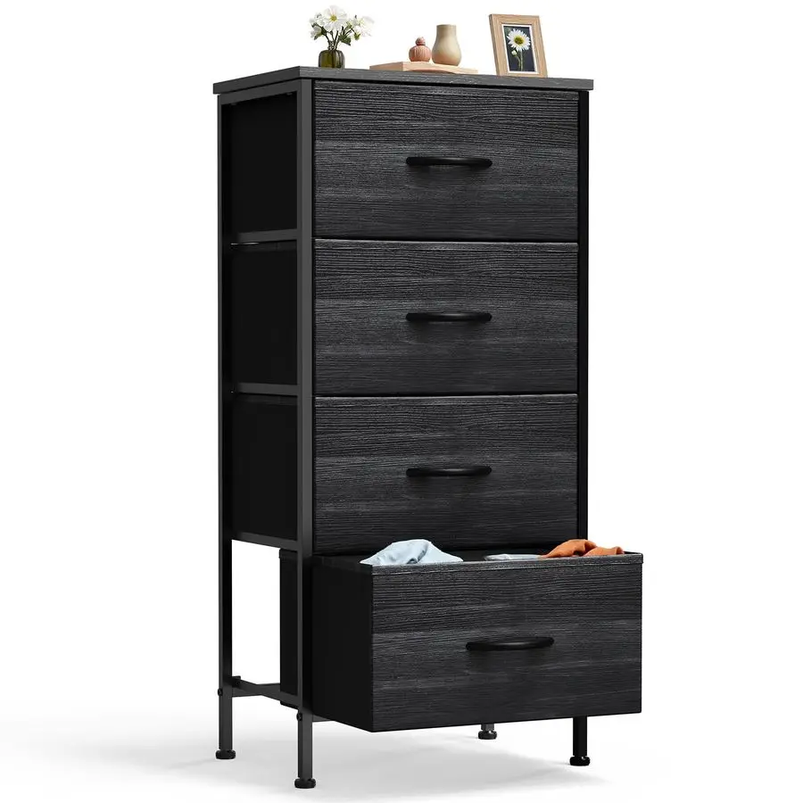 

Nightstand with 4 Drawers Bedside Table with Removable Fabric Bins Sturdy Steel Frame Wood Top Organizer Furniture for Bedroom