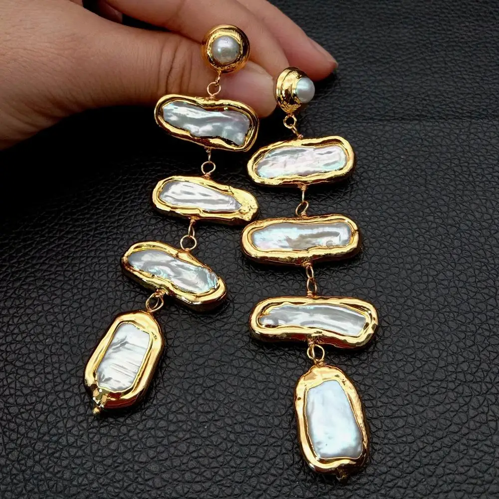 KKGEM Natural multi shape 10x27mm White Biwa Freshwater Pearl Yellow Gold Wrap Stud Earrings wedding classic for women
