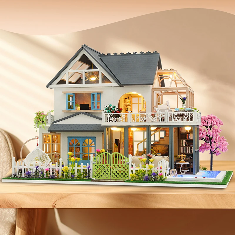Bricolage Villa moderne grande Casa en bois Miniature modèle Kit 3D Puzzle maisons de poupée avec meubles maison de poupée pour amis cadeaux d'anniversaire