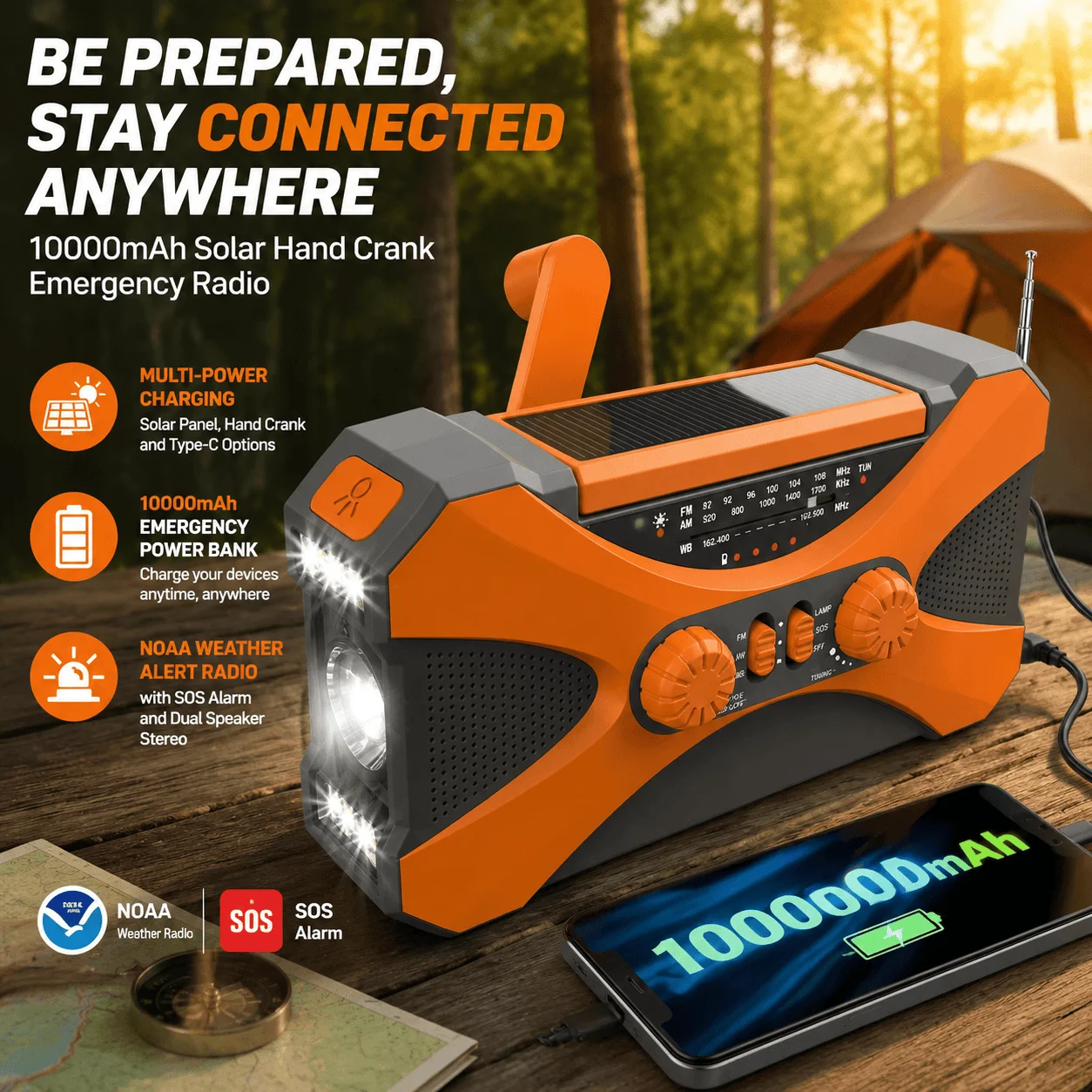 Emergency Radio Solar Hand Crank NOAA Weather Radio 10000mAh Power Bank Portable AM FM Radio Survival Camping Gear Emergency Phone Charger With Dual Speaker Stereo 4-In-1 Multi-function Survival Kit For Home Outdoor Emergency Preparedness Equipment