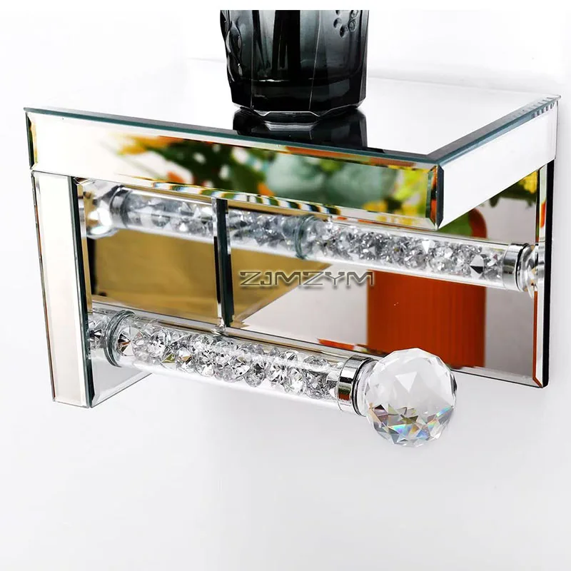 Luxury Rhinestone Crystal Toilet Paper Holder with Shelf Wall Mount Chrome Mirror Bathroom Tissue Roll Holder for Bathroom view 2